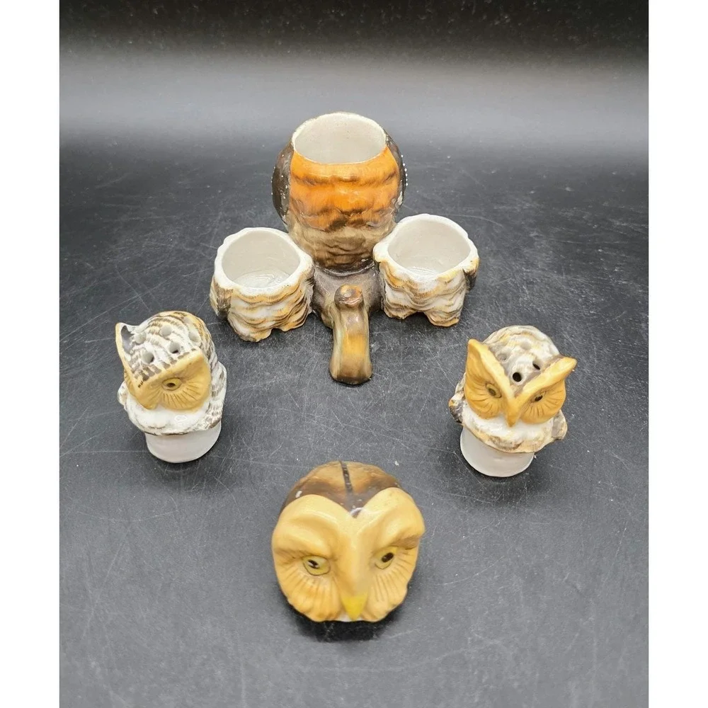 Antique Contra + Boehme Owl Condiment Set Salt Pepper Mustard Pot Germany